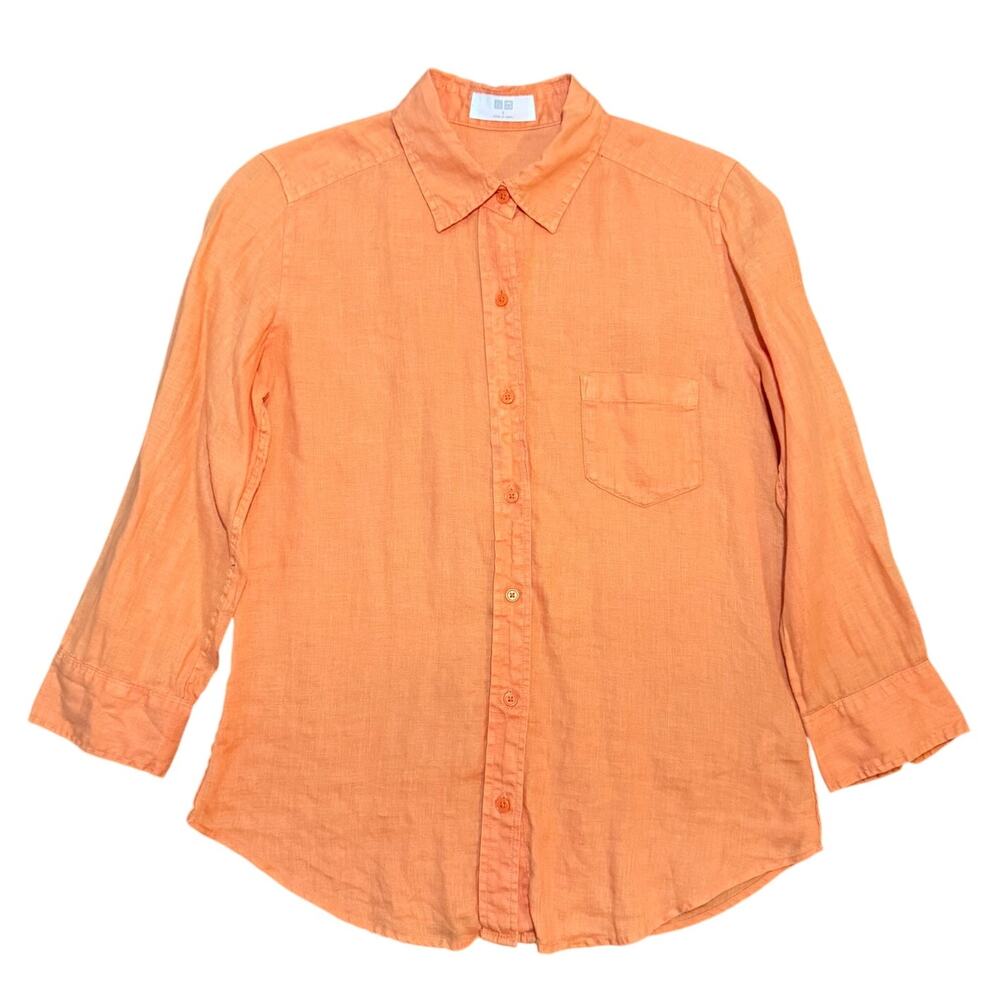 Uniqlo Women's Orange Button-Down Linen Shirt 3/4 Sleeve Lightweight Sz Small